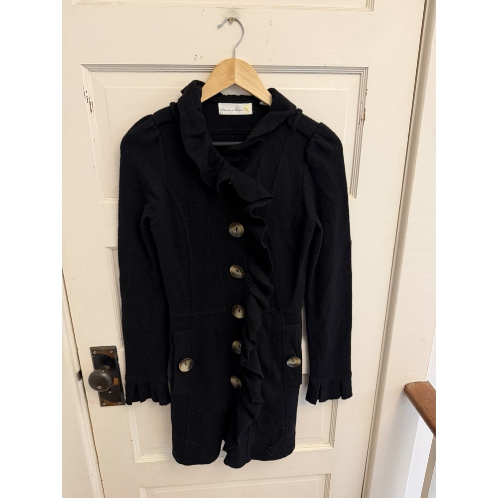 Charlie & Robin Women's Black 100% Wool Ruffle Longline Cardigan Size Small
